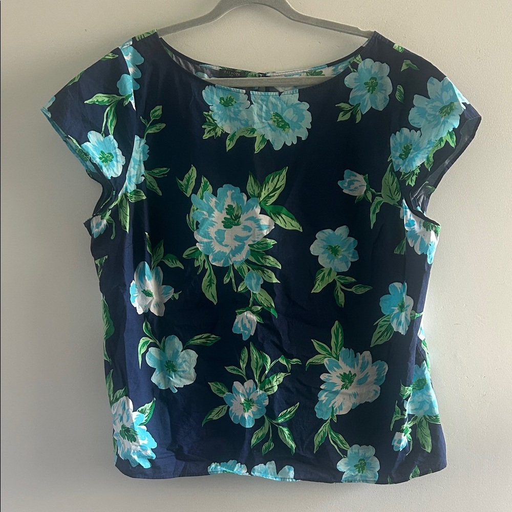Talbots, Woman’s Size 2X Dark Blue Blouse with Aqua Floral Pattern